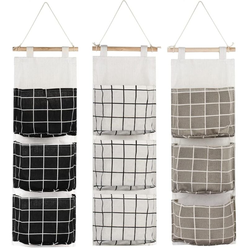 3Pcs Sac de Rangement Suspendu avec 3 Poches(Noir/Gris/Blanc), Étagère Mural en Tissu Panier Pochette de Rangement Organisateur pour Chambre Salle de