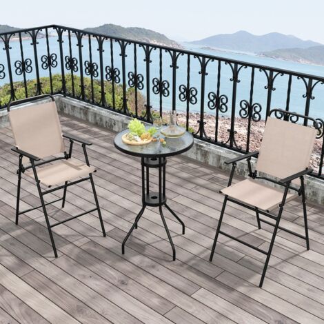 3PCS Salon de Jardin 2 Chaises de Jardin Pliantes Table Basse Ronde en Verre Trempé Bistro Terrasse Piscine Beige Maison Chic