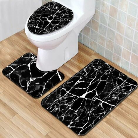 3pcs/set Marbling Non-Slip Bathroom Mat Rug Set Bathroom Rug + U-shaped Toilet Mat + Lid Cover, Black