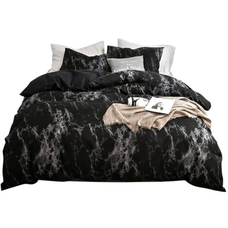 3Pcs Set Polyester Marbled Quilt Cover Pillowcase Bedding Set EU Double Size (Black)