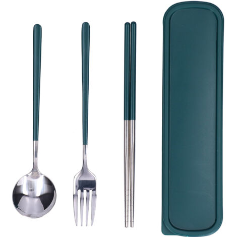 3Pcs/Set Stainless Steel Paint Tableware Set Chopstick Spoon Fork Kit for Kitchen OfficeGreen Silver