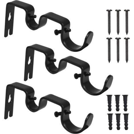 3pcs Supports de Tringle à Rideaux Double, Robustes Mural Support de Pôle à Rideaux Crochets en Métal avec Vis Pour Maison Chambre Bureau Mur et Fenêtre - Noir