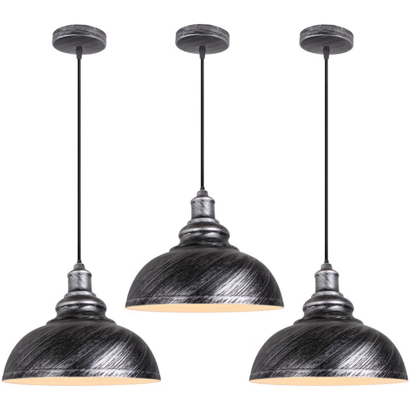 3PCS Suspension Luminaire Rétro Vintage Douille E27 Lustre D'Intérieur Abat-Jour En Métal Pour Bar, Grange, Café, Loft, Argent