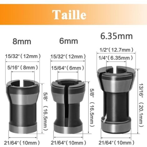 3Pcs Tête de Mandrin de Collet en HSS, Adaptateur de Mandrin à Pince de Serrage Accessoires Convertisseur de Menuiserie pour Perceuse Fraiseuse Machine de Gravure - 6mm 6,35mm 8mm