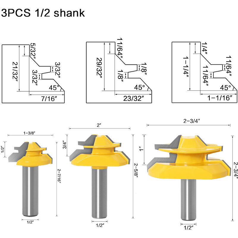Ahlsen - 3pcs tige 45 degrés verrou d'onglet fraise fraise Tenon outil à bois pour le bois de coupe en alliage de carbure 1/2''