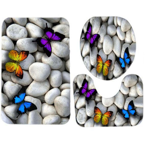 3pcs Toilet Seat Mat Set 10MM Sponge Butterfly Pebble Pattern Warm Absorbent Bathroom Rug Set for Home