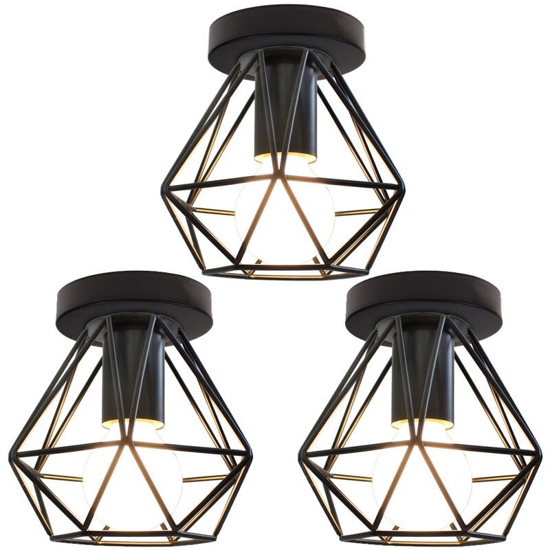 3pcs Vintage Ceiling Lightight Fitting, Industrial Flush Mount Ø16cm Mini Diamond Ceiling Lamp, Chandelier Fixture with Cage Lampshade for Bedroom