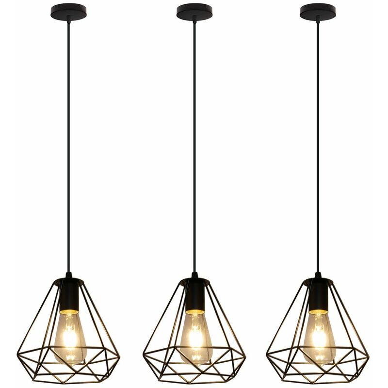 (3pcs) Vintage Industrial Chandelier Retro Diamond Pendant Lamp Metal Cage Hanging Light for Living Room Dining Room Bar Hotel Restaurant E27 Black