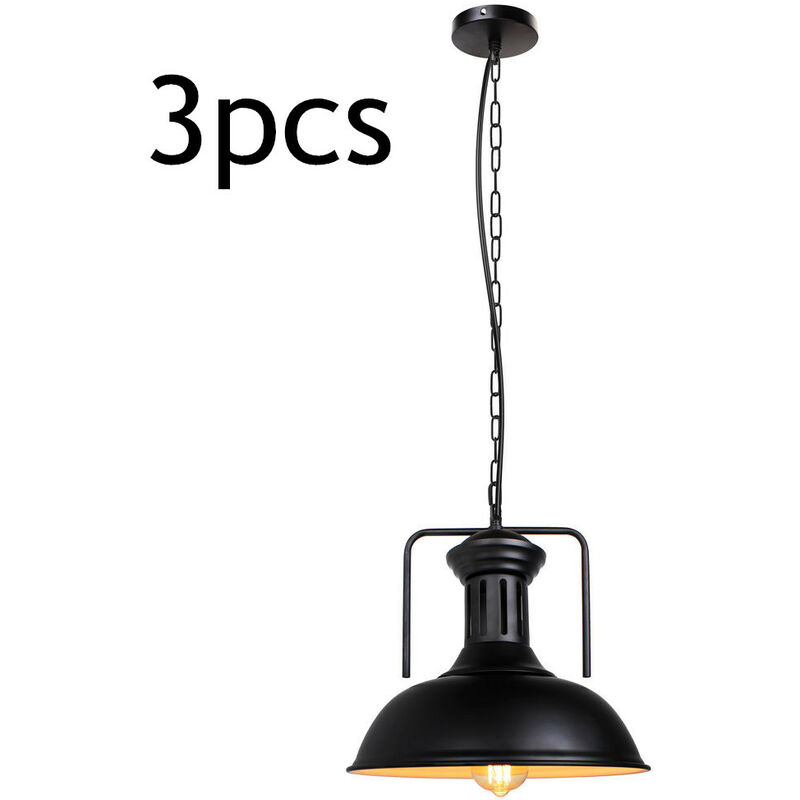 3pcs Vintage Pendant Light Black, Industrial Hanging Ceiling Lamp with Lampshade, Ø33cm Metal Dome Chandelier for Bedroom Living Room Kitchen Island