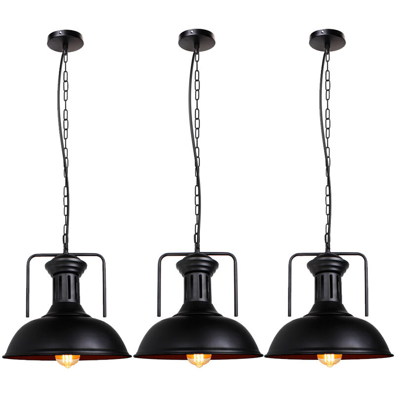 3pcs Vintage Pendant Light Fitting, Industrial Hanging Ceiling Lamp with Lampshade, Ø33cm Metal Dome Chandelier for Bedroom Living Room Kitchen