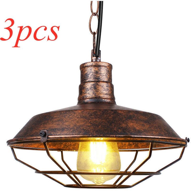3pcs Vintage Pendant Light Fitting, Industrial Metal Hanging Ceiling Lamp, Retro Chandelier with Ø36cm Cage Lamp Shade Fixture for Kitchen Island