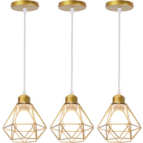 3pcs Vintage Pendant Lighting Fixture Ø16cm Mini Diamond Shape Iron Hanging Ceiling Lamp Cage Shade Chandelier for Bedroom Living Room Kitchen Island (Gold)
