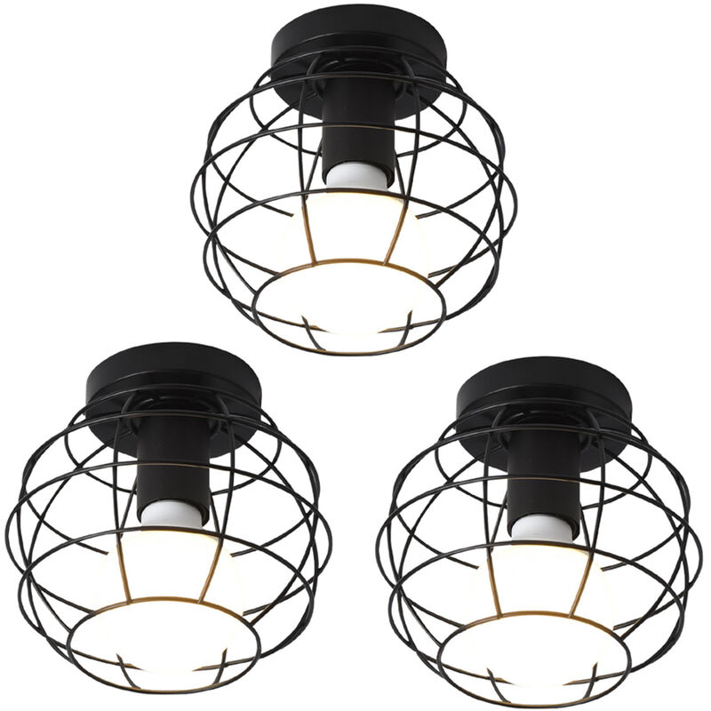 3pcs Vintage Ceiling Lighting Fitting, Metal Round Cage Ceiling Lamp, Industrial Chandelier with Lampshade for Living Room Hallway (Black)