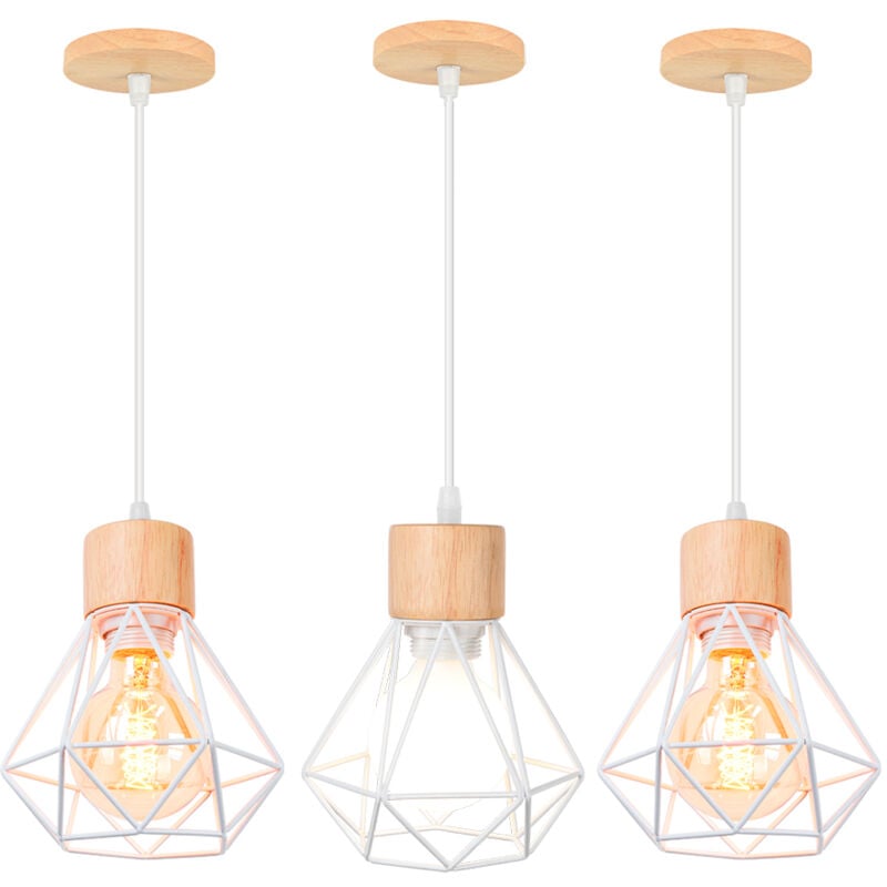 Norcks - 3PCS)Suspension Luminaire Rétro Lampe à Suspension Vintage Blanc, Plafonnier D'Intérieur Moderne En Métal Et En Bois