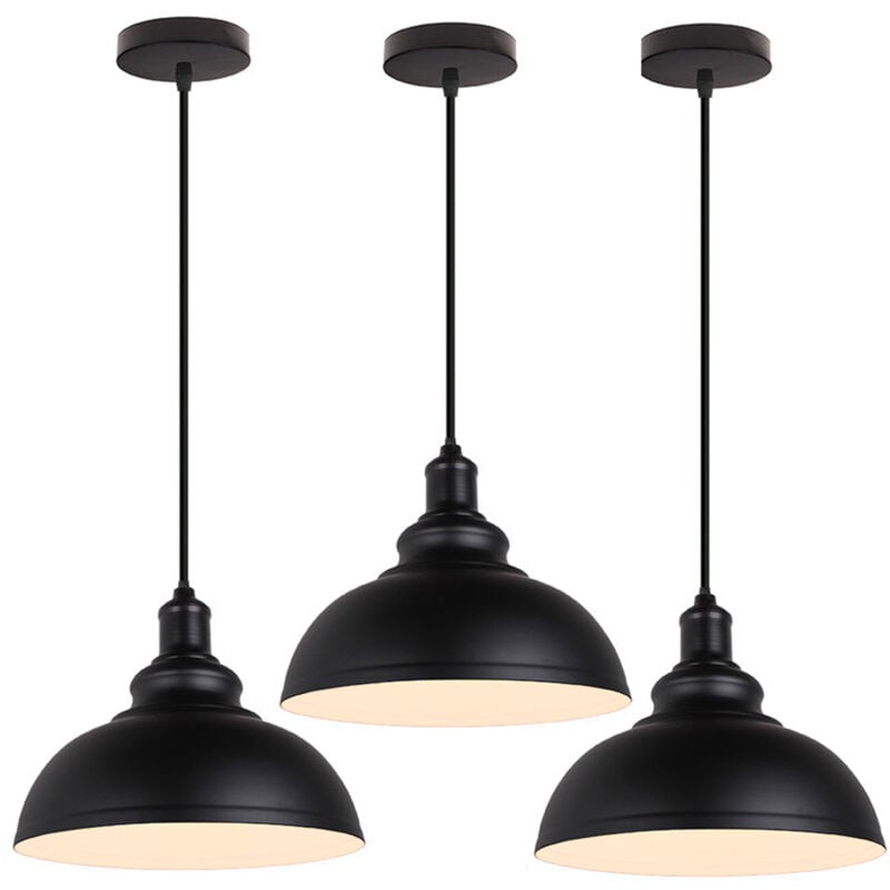 3PCS)Suspension Luminaire Rétro Vintage Lustre D'Intérieur Abat-Jour En Métal Douille E27 Pour Bar, Grange, Café, Loft, Noir