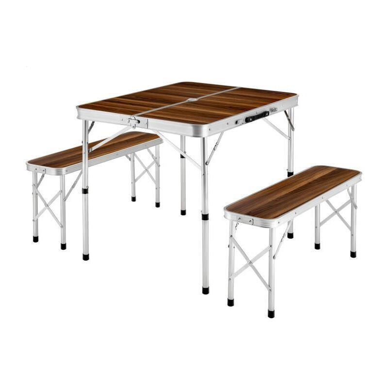 3pcs,Table pliante d'exterieur Table de jardin et 2 Bancs en Aluminium brun