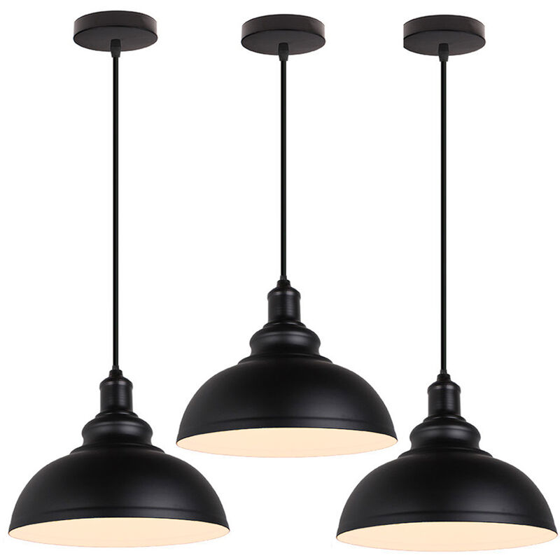 3pcs Vintage Pendant Light, Hanging Ceiling Lamp with Dome Metal Lampshade, Retro Industrial Chandelier for Kitchen Island (Black & White, Ø29cm)
