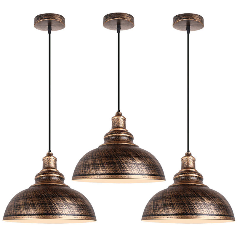 3pcs Vintage Pendant Light, Hanging Ceiling Lamp with Dome Metal Lampshade, Retro Industrial Chandelier for Kitchen Island (Bronze, Ø29cm)