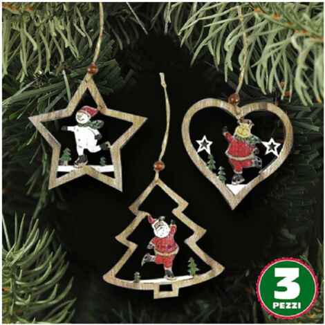 3pz Appendini Natale In Legno Forma Stella Albero Cuore Con Personaggio 10,5cm