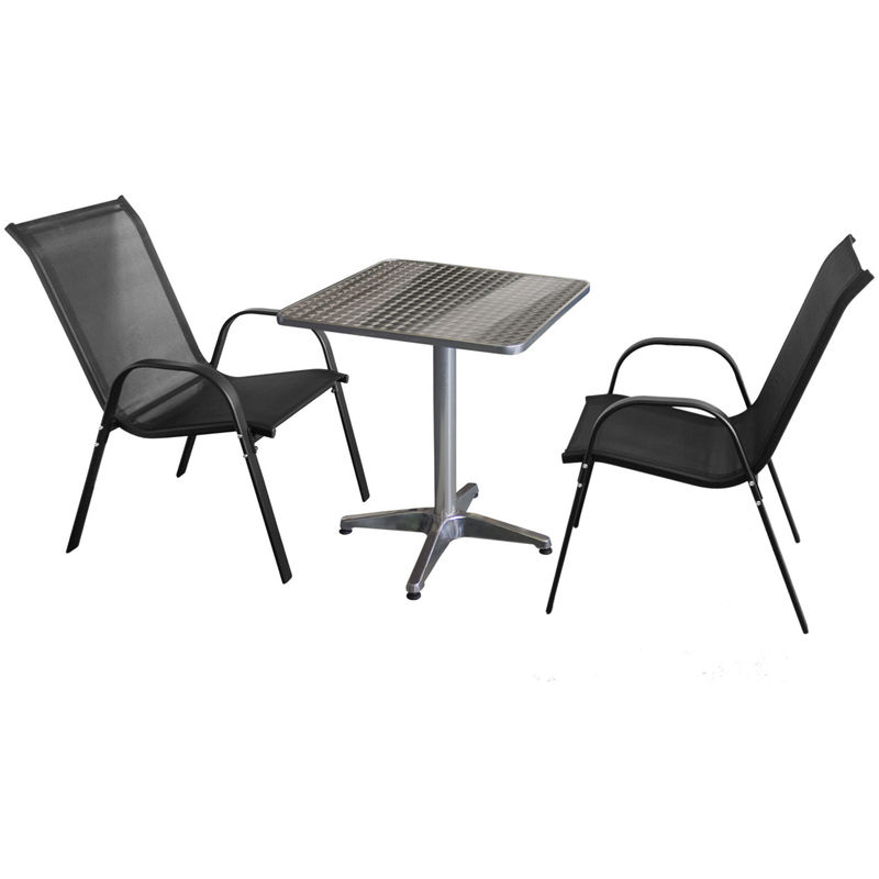 3tlg. Sitzgruppe Tisch 60x60cm Aluminium Silber + 2 Stapelstühle mit Textilenbespannung Schwarz Garten Balkon Terrasse Garnitur Essgruppe