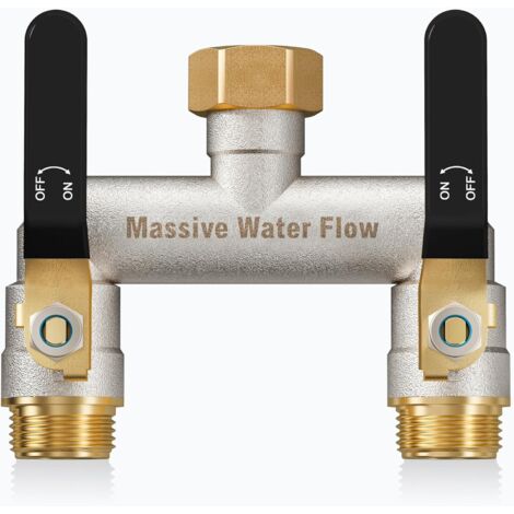 3voies Distributeur d'eau à double débit, distributeur 3/4 pouce, construction robuste en laiton nickelé, adaptateur de robinet extérieur haut poignée métallique allongée-poignée noire - 2