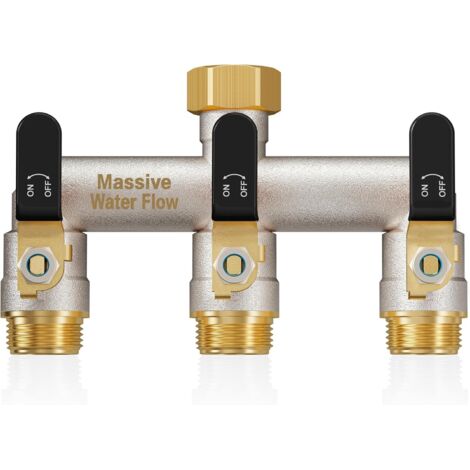 3voies Distributeur d'eau à double débit, distributeur 3/4 pouce, construction robuste en laiton nickelé, adaptateur de robinet extérieur haut poignée métallique allongée-poignée noire - 3