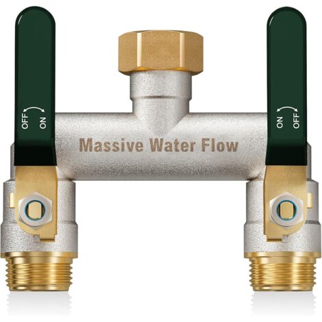 3voies Distributeur d'eau à double débit, distributeur 3/4 pouce, construction robuste en laiton nickelé, adaptateur de robinet extérieur haut poignée métallique allongée-poignée verte - 2
