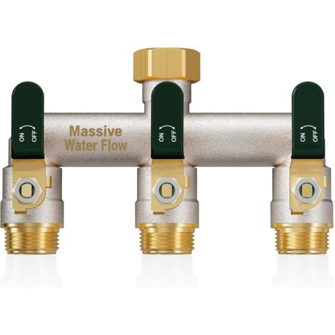 3voies Distributeur d'eau à double débit, distributeur 3/4 pouce, construction robuste en laiton nickelé, adaptateur de robinet extérieur haut poignée métallique allongée-poignée verte - 3