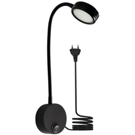 3W 6000K (Noir-Blanc froid) EU plug Lampe de lecture flexible lampe de chevet LED avec interrupteur ON/OFF et prise filaire, lampe murale à col de