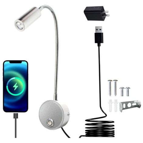 3W Lampe de chevet murale LED avec interrupteur tactile dimmable et port de charge USB,liseuse de lit pivotante à 360° avec prise et câble pour chambre, 3000-6000K,argent [Classe énergétique B]