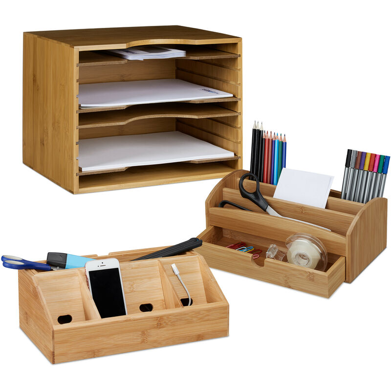 3x Accessori, Set da Scrivania in Bambù, Portadocumenti per A4, Portapenne, Organizer per Dispositivi in Legno, Naturale