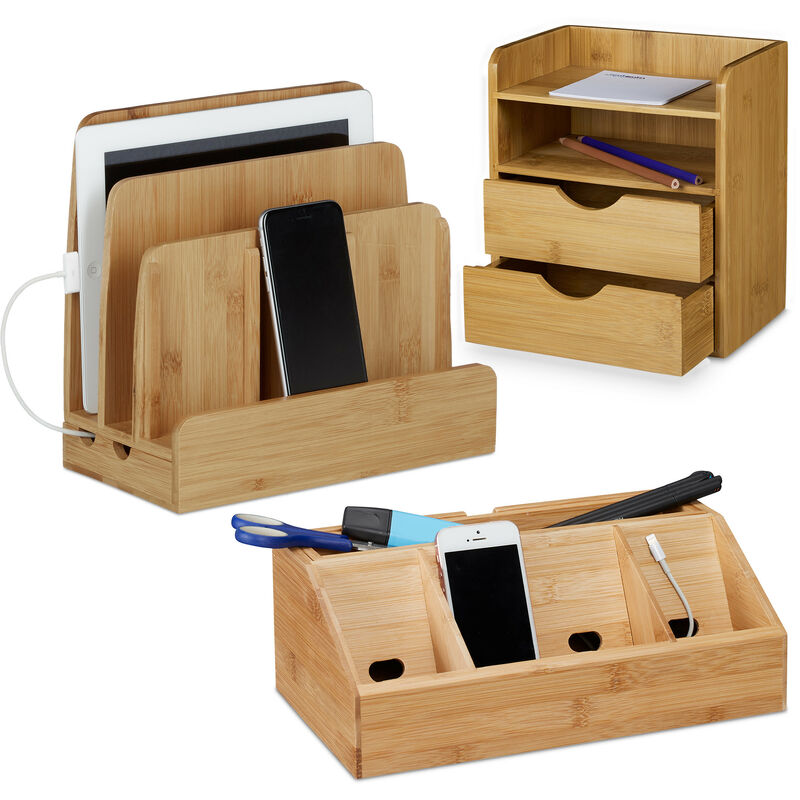 3x Accessori, Set Scrivania in Bambù, Cassettiera da Tavolo con Cassetti, 2 Organizer per Dispositivi in Legno, Naturale