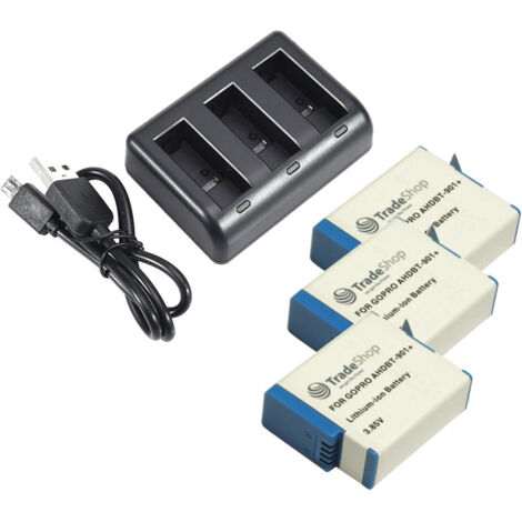 3x Akku + 3-fach Ladegerät für GoPro Hero 12 Black AHDBT-901+ SPBL1B CHDFB-111 CHDHX-101 CHDHX-901 / Ladestation mit Micro-USB Kabel