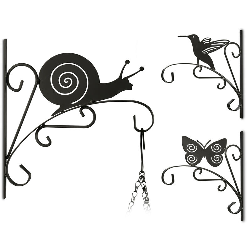 Relaxdays - 3x Plant Hook, Flower Hanger For The Wall, Metal Garden Decor, Different Motifs, Hxwxd, 30 X 28 X 2 Cm, Black