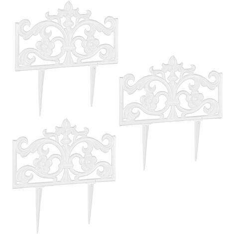 3x Bordura per Aiuola in Ghisa, da Fissare Bordatura Decorativa Retro, Misure per Recinzione HLP 37 x 36 x 2 cm, Bianco