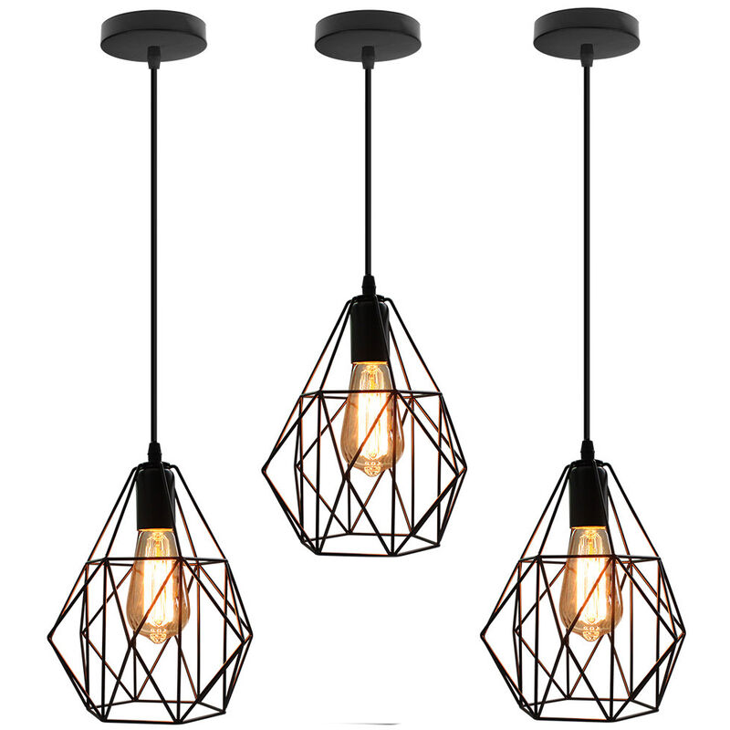 3X Creative Cage Pendant Lamp Simple Vintage Pendant Light Retro Ceiling Light for Cafe Bar Black E27