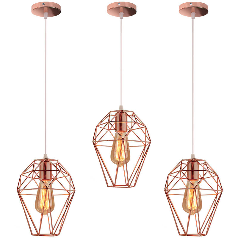3X Creative Cage Pendant Light Retro Industrial Pendant Lamp Iron Vintage Ceiling Lamp for Bedroom Bar Cafe Rose Gold