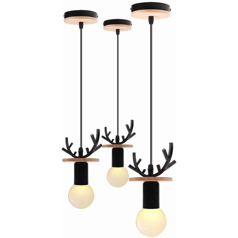 3X Creative Deer Pendant Lamp Rural Antlers Pendant Light Retro Ceiling Lamp Modern Ceiling Light for Cafe Bar Office Black