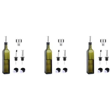 3X Glass Olive Bottle - Green and Vinegar 500ml with Funnel Pourer Carafe
