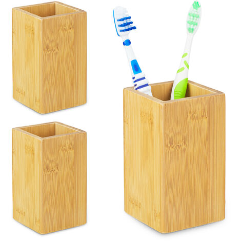 3x Gobelets de salle de bain, carrés, design naturel, brosse à dents, revêtement PU et bambou, 11x6,5x6,5 cm, nature