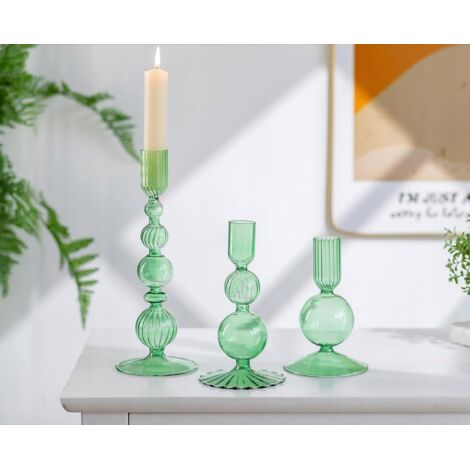 3x Grüne Kerzenhalter aus Glas, 12 cm, 15 cm und 20,5 cm, für Hochzeitstische und Feiertage
