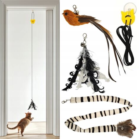 3x Katzenspielzeug Vogelfedern Schwanz + Gummiband für Tür SET