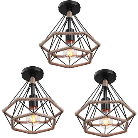 3X Lampada a Sospensione, Vintage Lampada da Soffitto in Corda di Canapa, Plafoniere con Ø25cm Gabbia di Diamante (Nero)