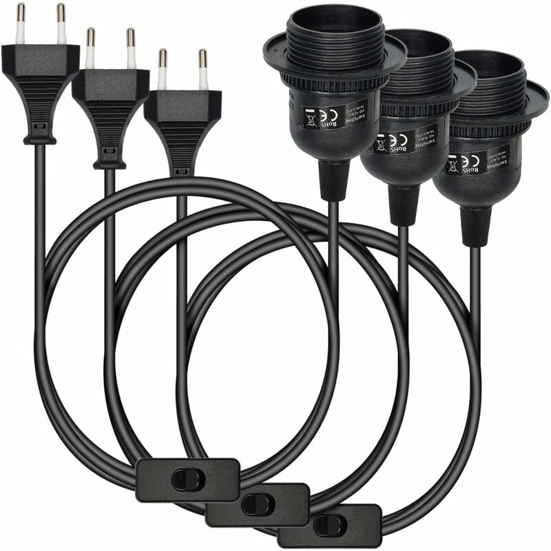 Beijiyi - 3x luminaire suspendu - douille avec circuit boîtier noir avec câble 3,5m vis bague filetée - lampe à suspension E27