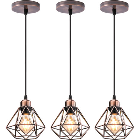 3x Lustre Suspension Industriel en Métal Laiton rouge , Stoex Luminaire Style Vintage Design forme Cage Diamant Rétro pour Salon Chambre Salle à manger (sans ampoule)