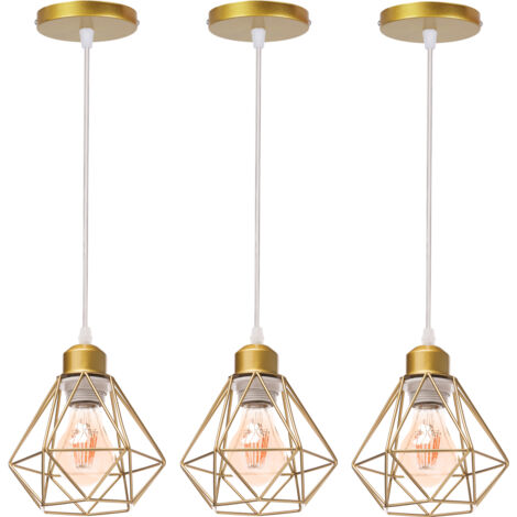 3x Lustre Suspension Industriel en Métal Or , Stoex Luminaire Style Vintage Design forme Cage Diamant Rétro pour Salon Chambre Salle à manger (sans ampoule)