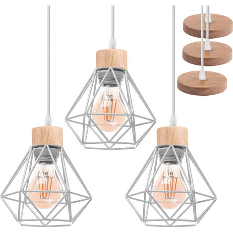3x Lustre Suspension Industriel Vintage Interieur, Stoex Lampe de Plafond en Bois et Métal Douille E27 Cage Diamant Rétro pour Salon, Chambre, Cuisine,Restaurant, E27, Blanc