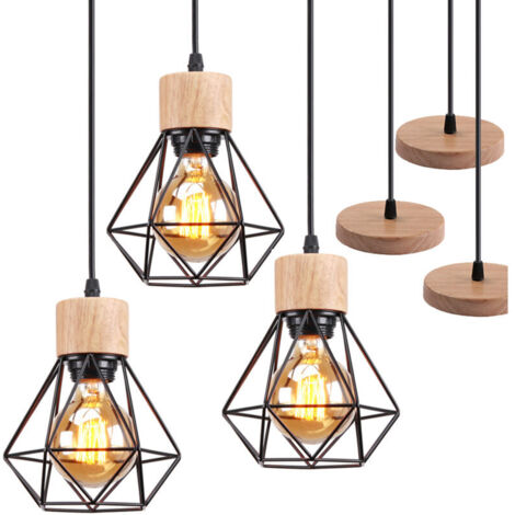 3x Lustre Suspension Industriel Vintage Interieur, Stoex Lampe de Plafond en Bois et Métal Douille E27 Cage Diamant Rétro pour Salon, Chambre, Cuisine,Restaurant, E27, Noir