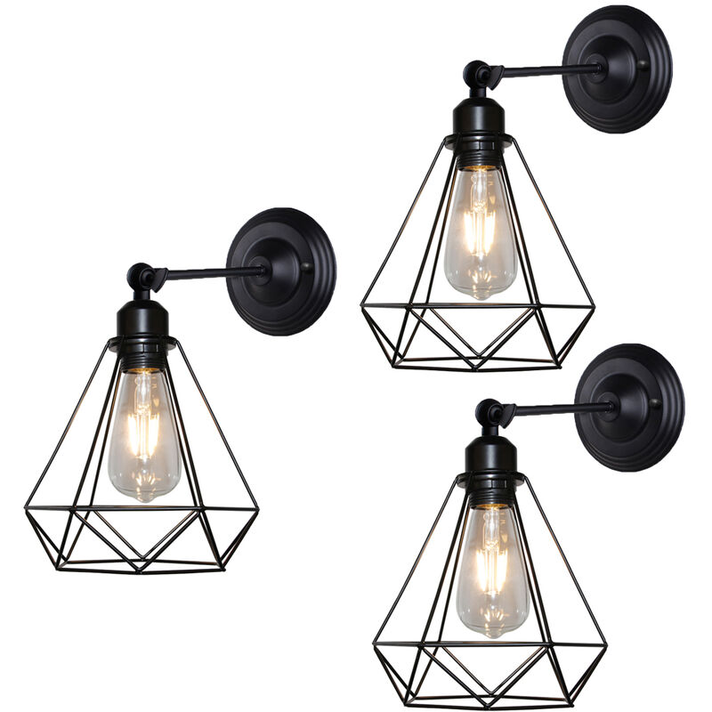 

Stoex - 3X Lustre Industrial Apliques de Pared de Forma de Diamante Antiguo Apliques de Pared de Hierro de Metal para Dormitorio Bar Cafe Negro 20CM