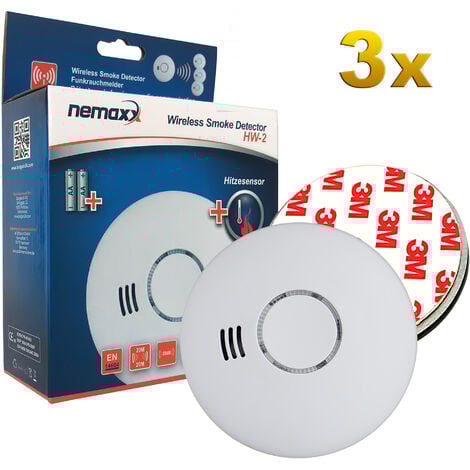 3x Nemaxx HW-2 Funkrauchmelder Rauchmelder Rauchwarnmelder Brandmelder Hitzemelder mit kombiniertem Rauch- und Thermosensor nach DIN EN 14604 + 3x Nemaxx NX1 Magnethalterung